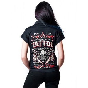 Dragstrip Kustom. Women`s Diner Shirt Doing it for the Devil Tattoo Parlour Black